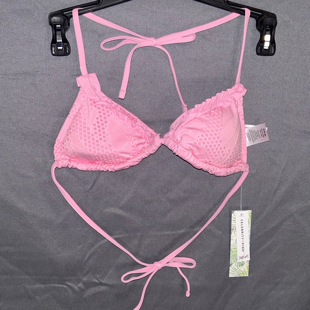 Celebrity‎ Pink Mesh Triangle Bikini Top Pink Ruffle Trim XS NWT